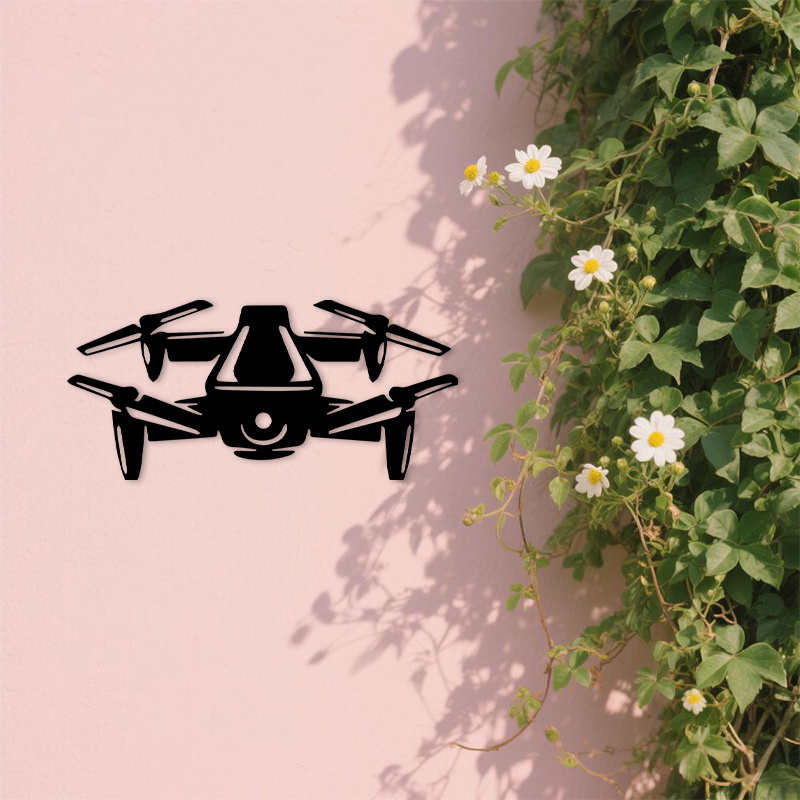 Office Tech And Gadgets - 2Dフラットドローンシルエットメタルウォールアート、ブラックの航空装飾品、男性用のオフィスや部屋の飾り、テクノロジーとガジェット愛好家へのギフト