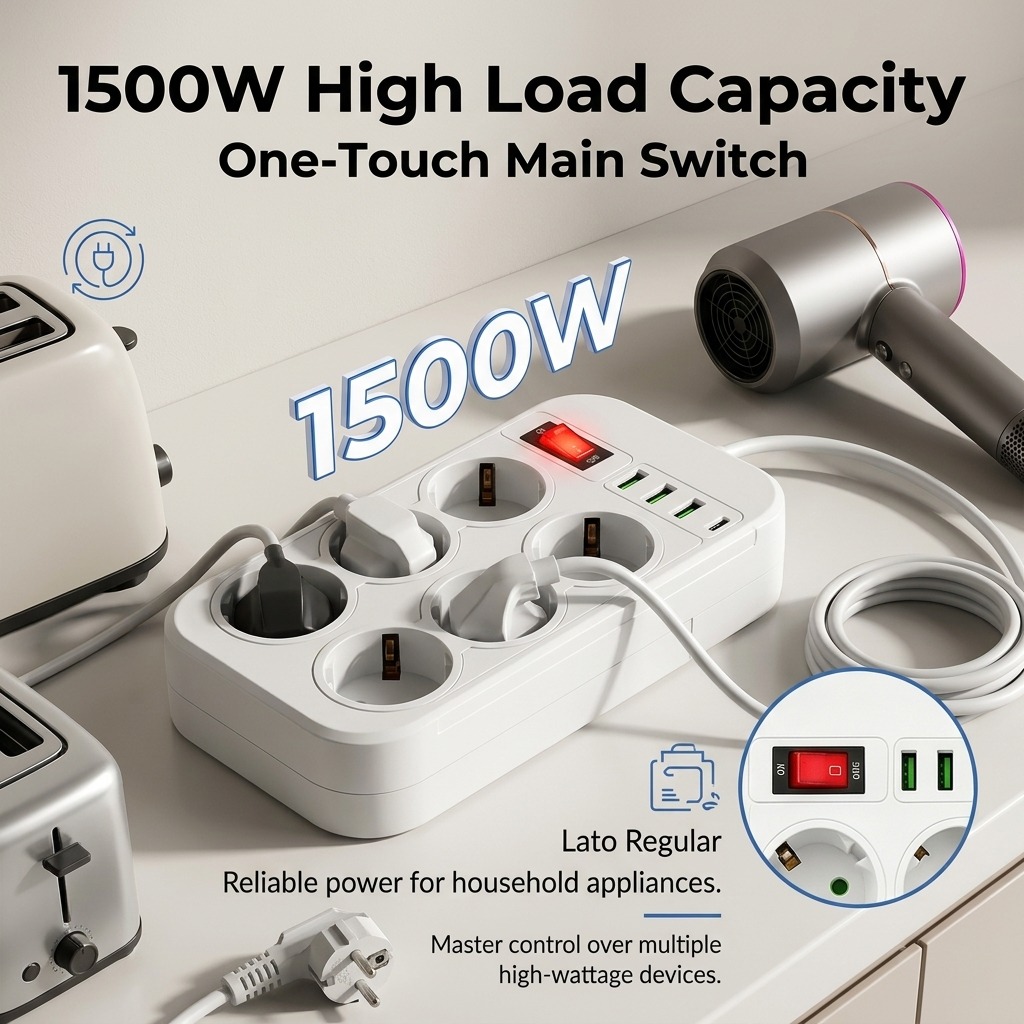 1500W EU電源タップ、6つのACコンセント、3つのUS - Office Technician のレビューと価格